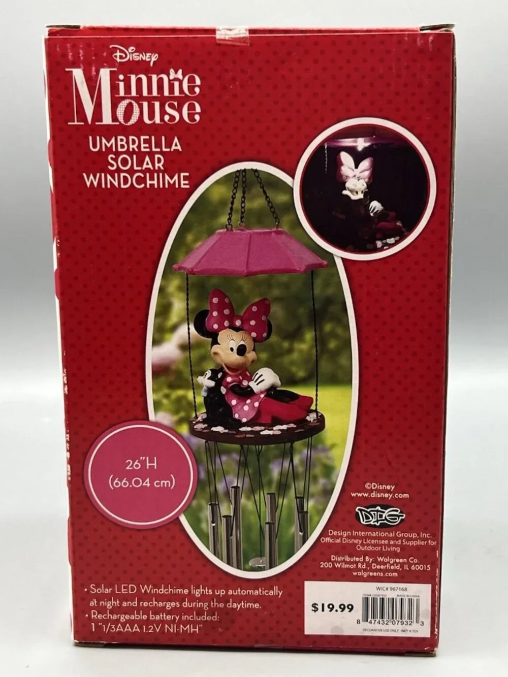 Disney Minnie Mouse 26” Umbrella LED Solar Windchime Lights at Night
